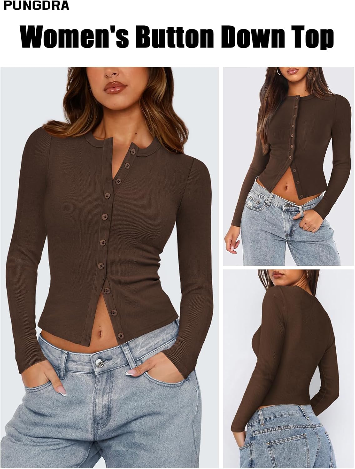 Womens Ribbed Button Down Long Sleeve Top Knit Button Up Fitted Cardigans Cropped Cute Fall Going Out Tops for Women - Image 3