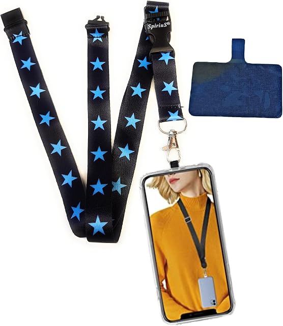 SpiriuS Universal Phone Lanyard Neck Strap with Detachable Patch sticker Compatible with all Smartphones for iPhone Google Pixel LG HTC Huawei (Blue Stars)