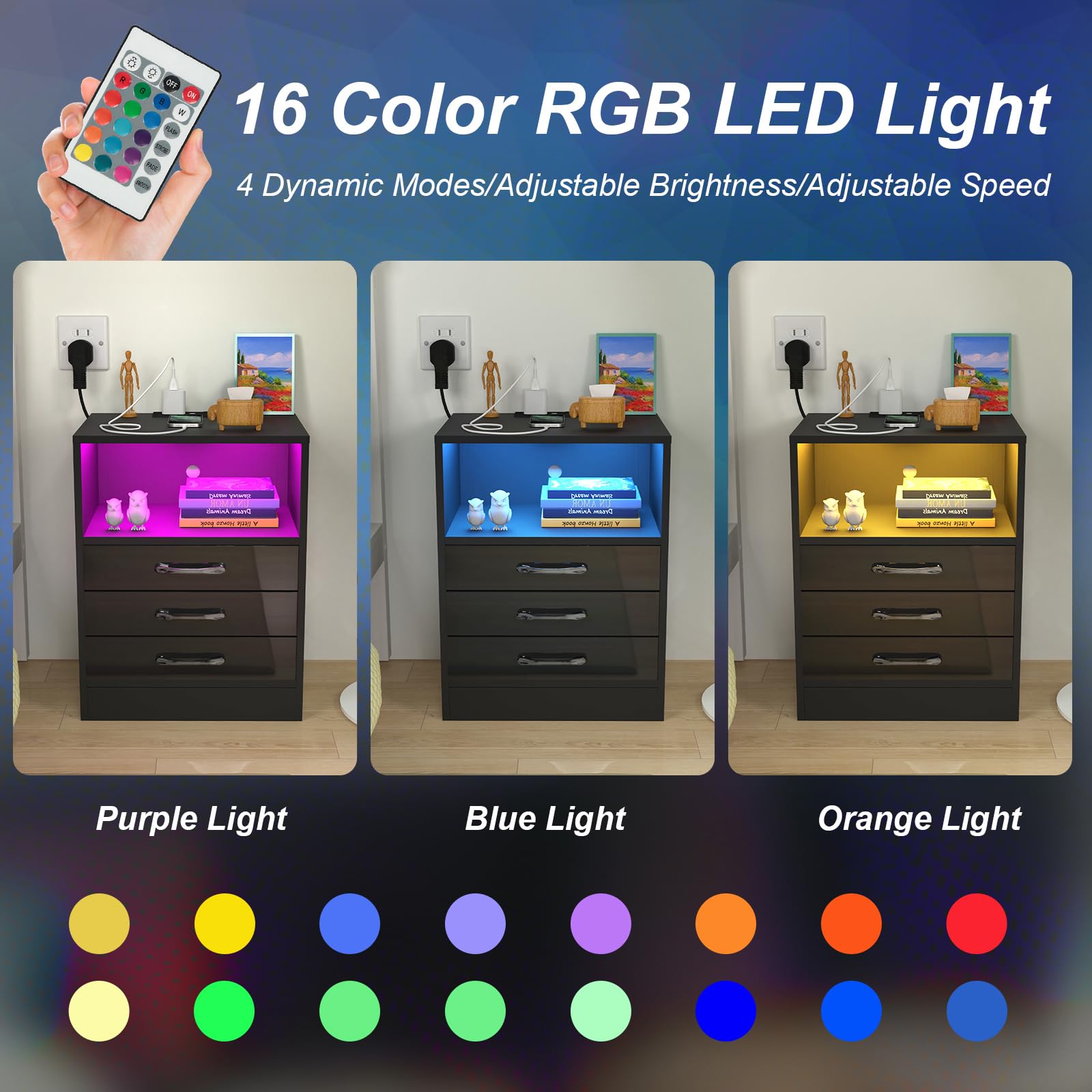 Comodino Con Luci LED RGB - 3 Cassetti, Nero Lucido, 50x35x68 Cm, Telecomando Per 16 Colori