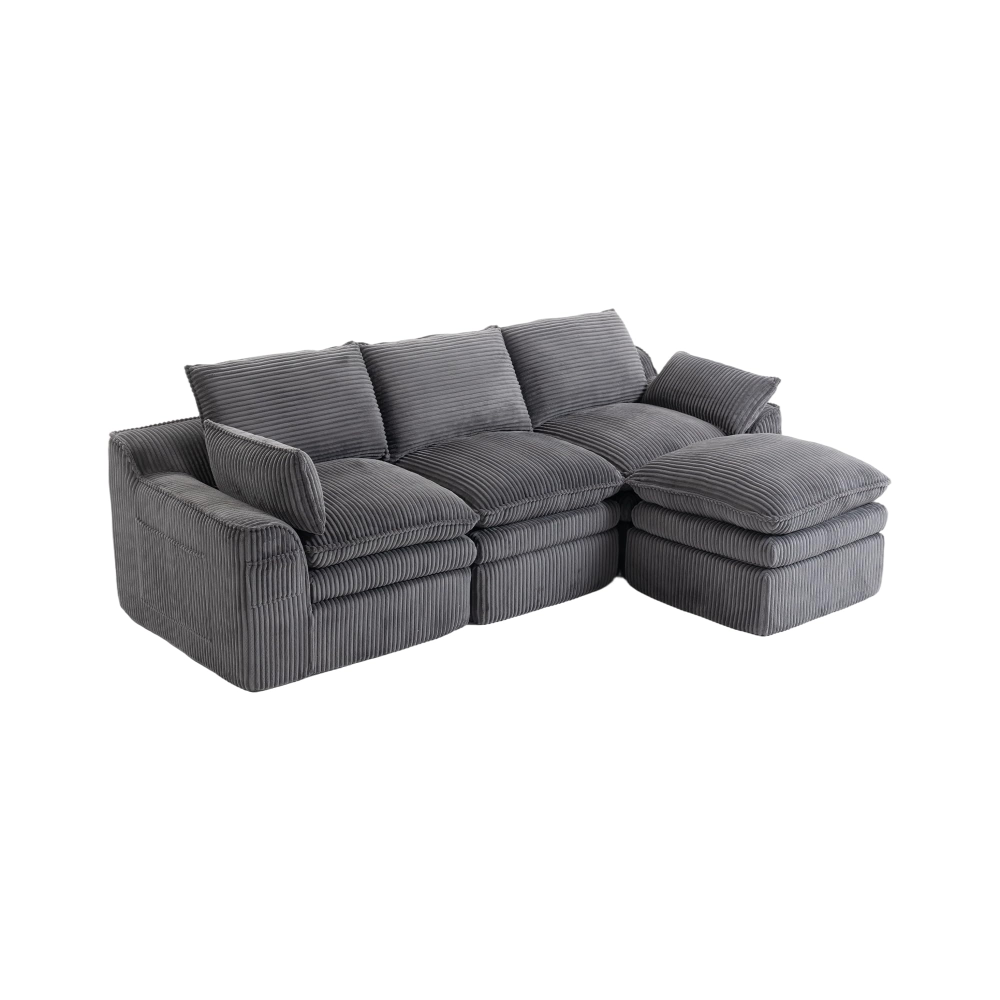 Divano modulare a 3 posti con sgabello, grigio scuro, cuscino incluso, 2 tasche laterali, schiuma a 3 strati, anima a molle, rimbalzo rapido, combinabile liberamente, ideale per soggiorno
