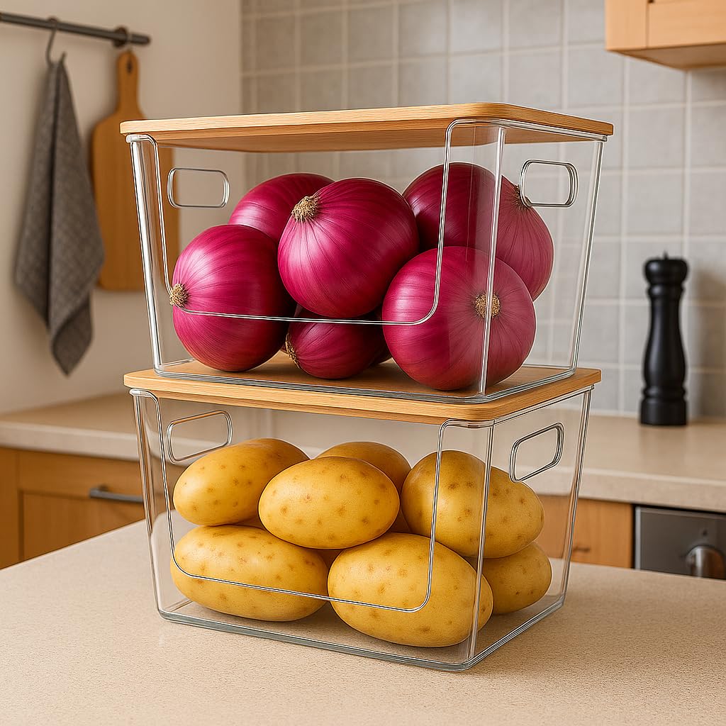 Paquete de 6 contenedores de almacenamiento apilables transparentes con tapas de bambú, contenedores de almacenamiento de plástico con asa para despensa, baño, cocina, armario, organizador de 6