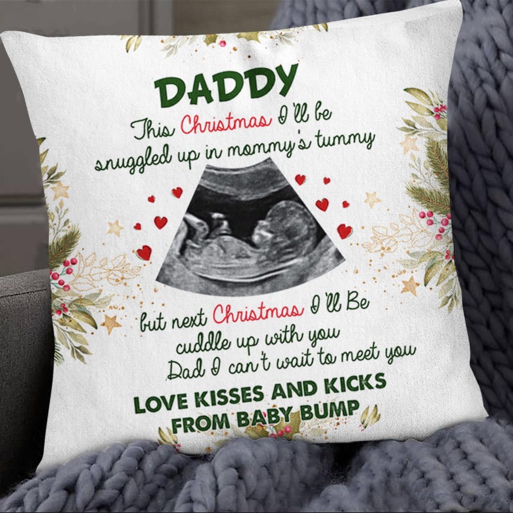 Personalized Square Pillow for Dad to Be New Dad from Baby Bump New Mom New Dad Gifts Ultrasound I Can't Wait to Meet You Cute Custom Name Photo Double Sided Couch Cushion On Christmas