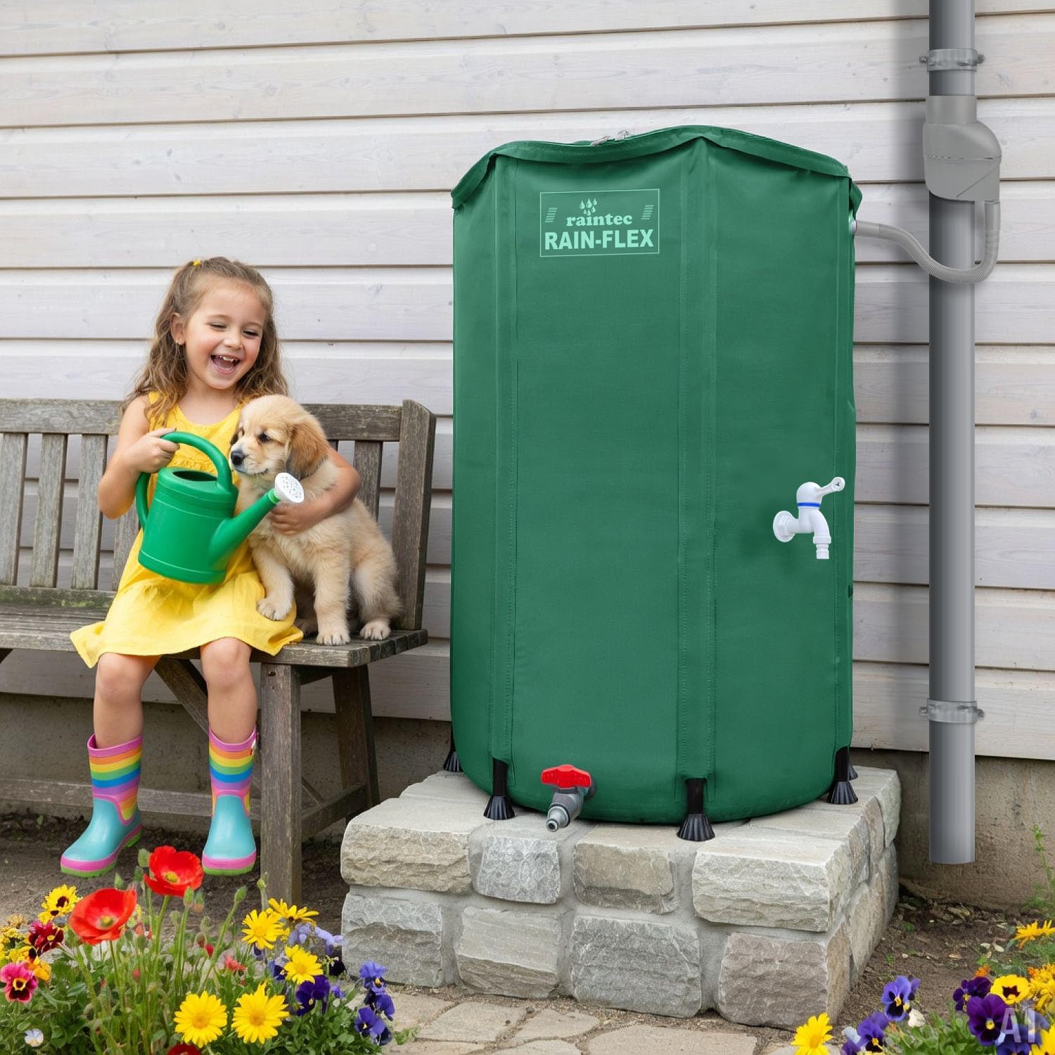 Depósito de lluvia plegable 1100L RAIN-Flex – Barril de lluvia verde con grifo | Depósito de agua de lluvia flexible de 1100 l con grifo, depósito de agua para jardín, 120 × 120