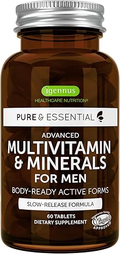 Igennus - Multivitamínico diario vegano de alta resistencia para hombres sin hierro, energía, inmunidad y apoyo cardíaco, vitaminas B metiladas más