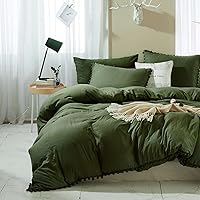 Vista 2 de Juego de funda de edredón verde oliva oscuro tamaño matrimonial, de 3 piezas, estilo rústico bohemio, con pompón y fleco, de microfibra, funda