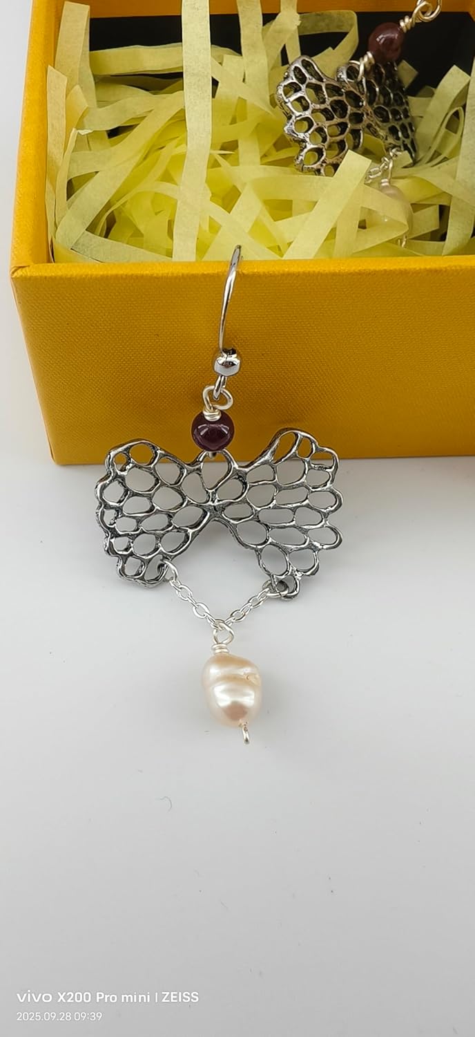 Handmade Silver Filigree Bow Dangle Earrings, Pearl Drop, Burgundy Bead Accent, Sweet Style - Image 7