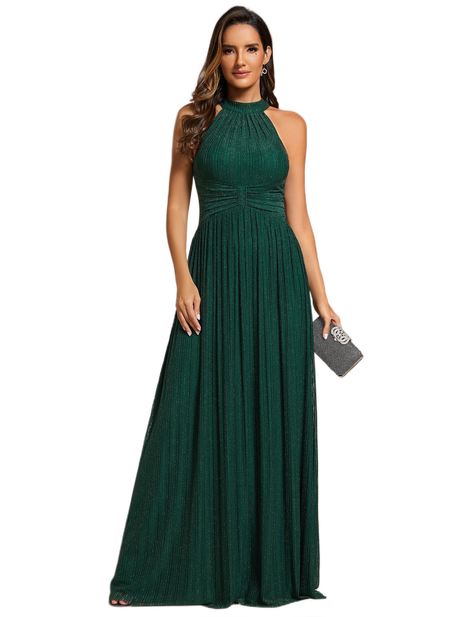 Ever-Pretty Vestido de Fiesta Largo de Noche Cuello Halter Pliegues Sin Mangas Brillante Corte Imperio EE41961