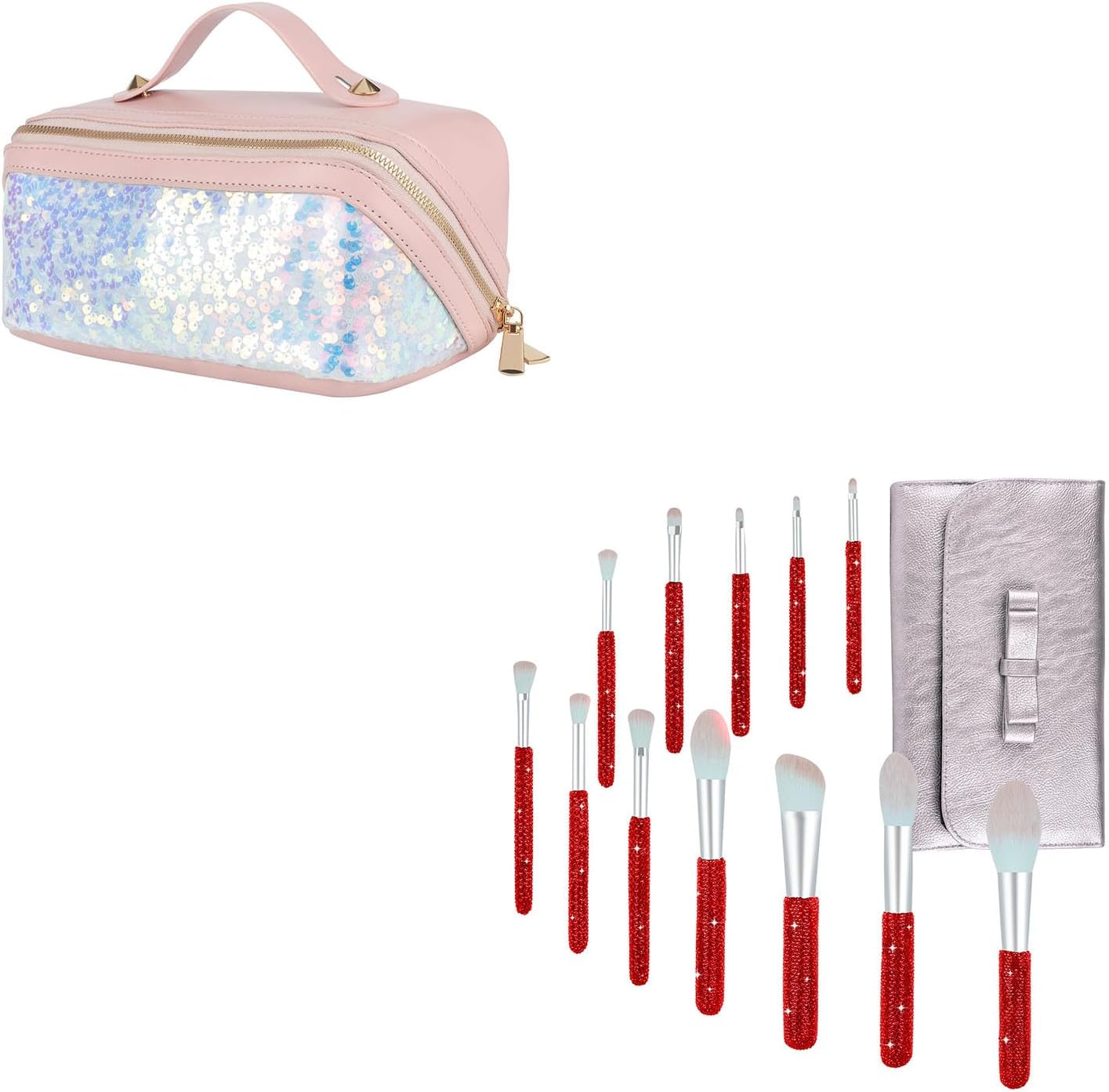 KEYPOWER Glitter Sequin Bag & Bling Makeup Brushes 12PC Red