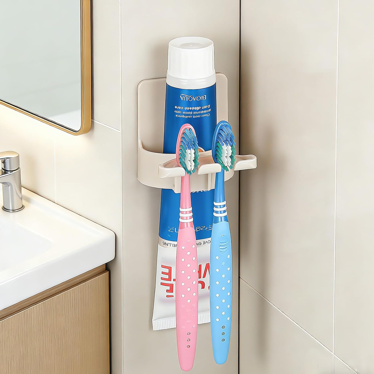 No Drill Toothbrush Holder, 2 Pack Beige 3-in-1 Waterproof Rack