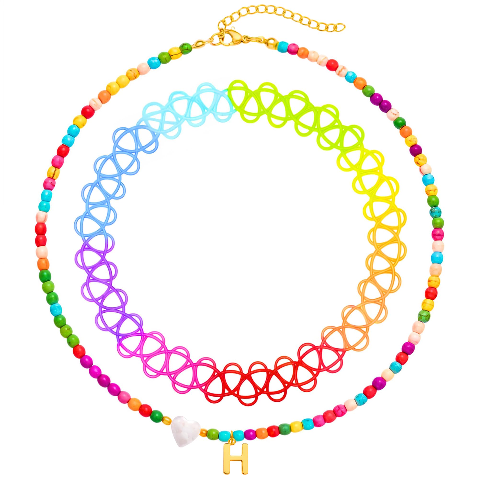 BodyJ4You 2PC Choker Initial Necklace for Kids - Letter Pendant Heart Charm Goldtone Y2K Boho Beaded Collar - Personalized Gift Teen Girls Jewelry