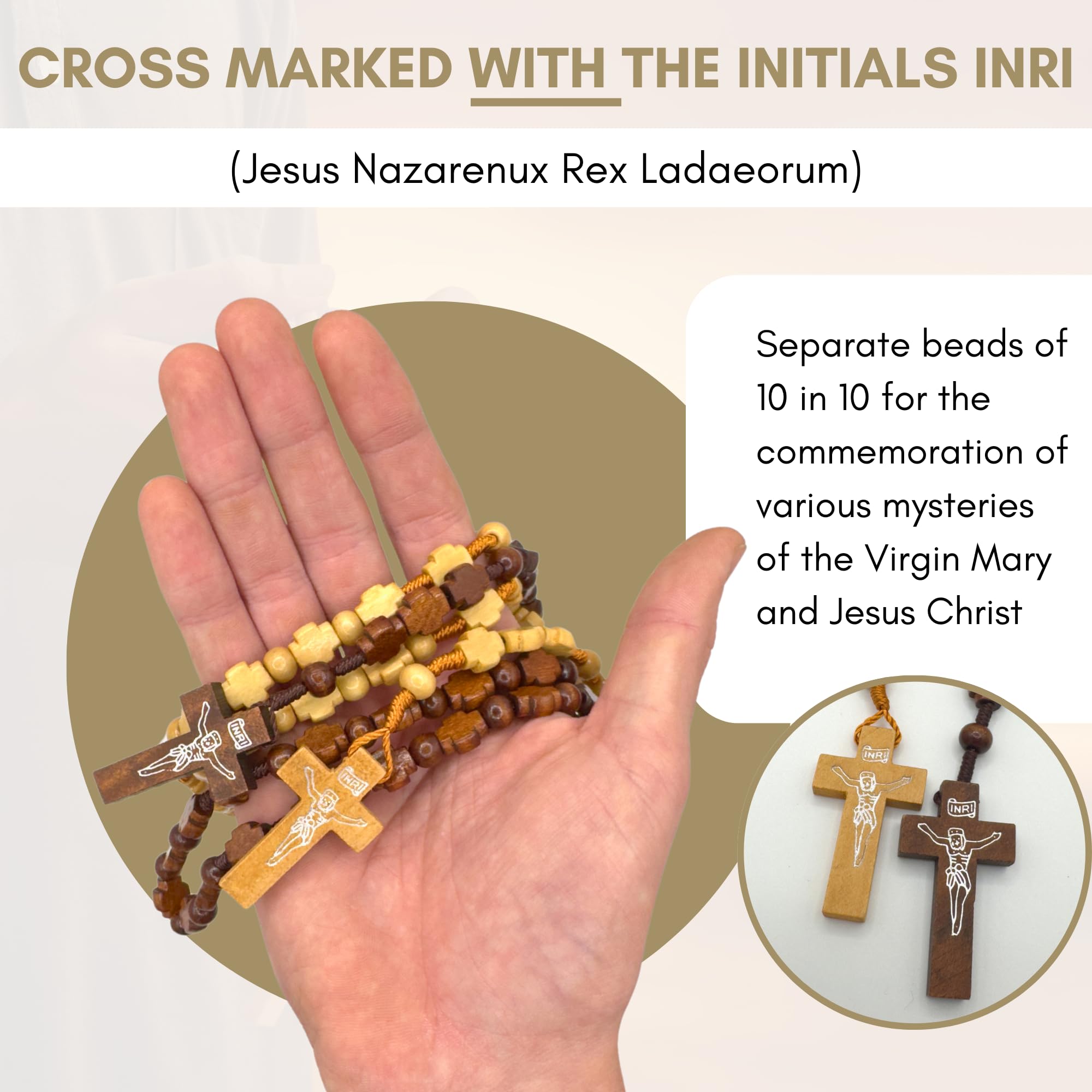 Rosario religioso de madera de olivo artesanal – Pack de 2 rosarios religiosos unisex para hombre y mujer – Cruz de madera clásica – Ideales como regalos bautizo para invitados y confirmación