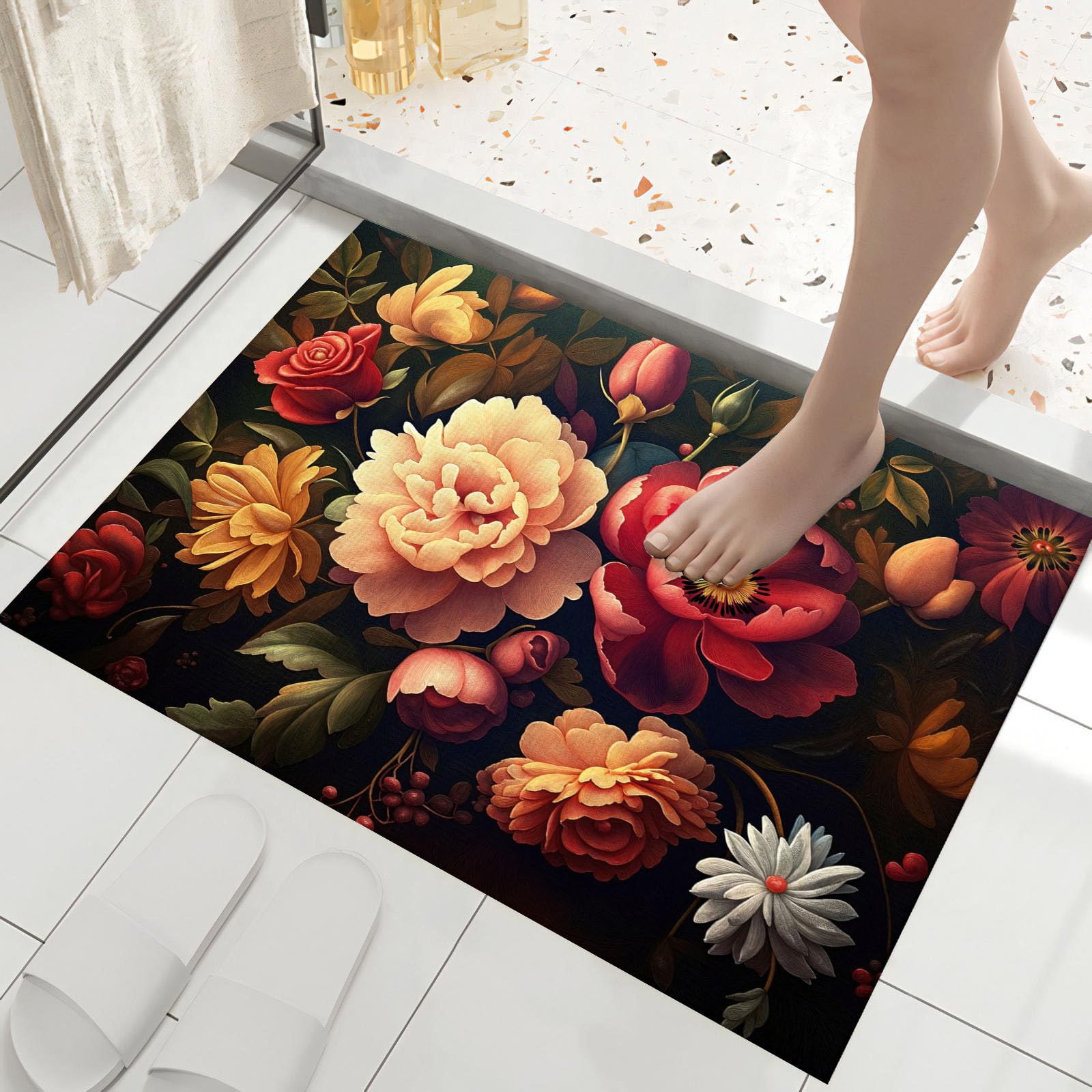 Tapis antidérapant pivoine et rose 80 x 120 cm lavable contre les sols glissants