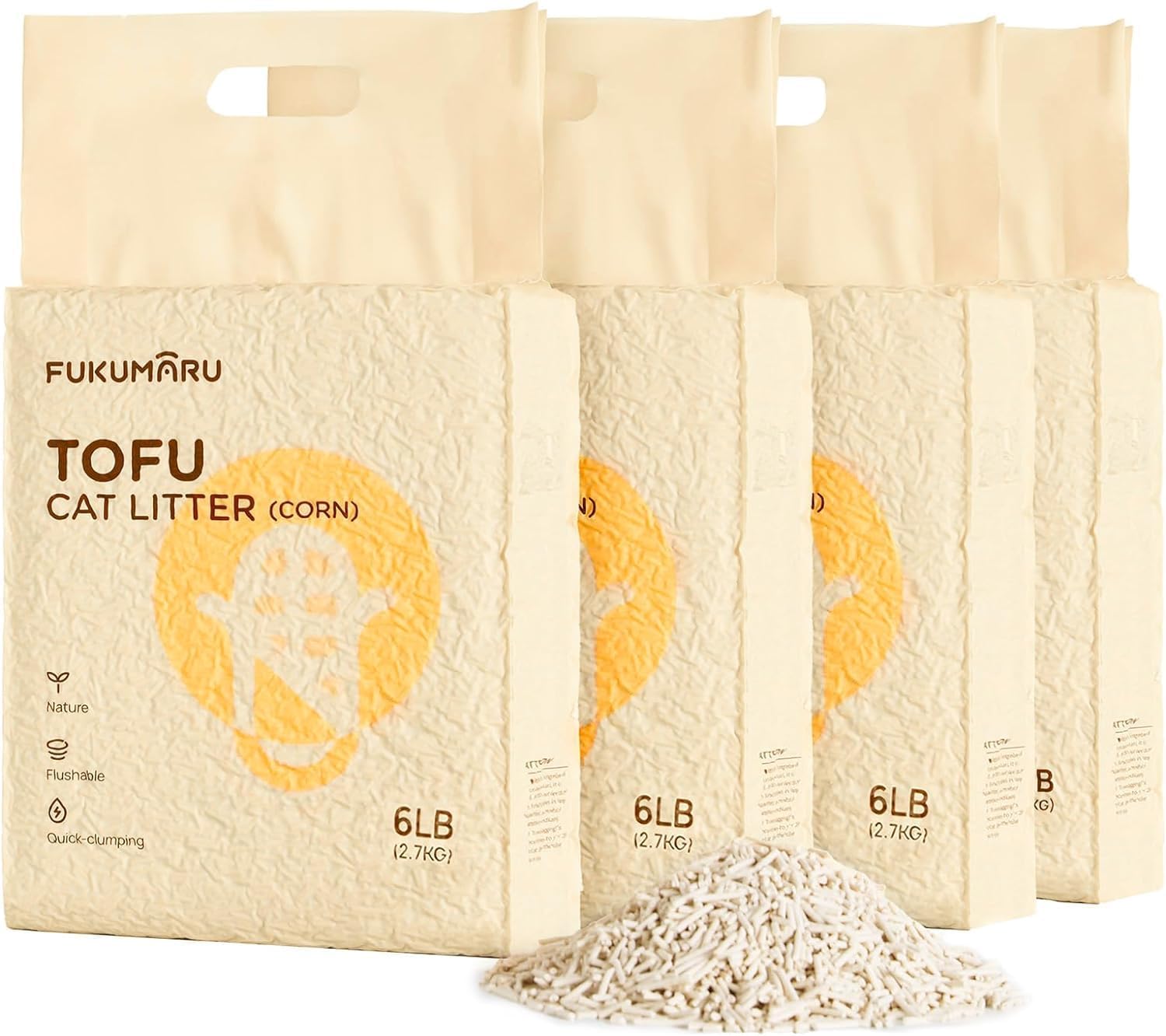FUKUMARU Tofu Cat Litter, 10.8kg, Clumping Litter for Cats, Mixed Corn Pellets, Dust-Free and Easy Clumping, Odour Control, Flushable, Low Residue (2.7kg*4)