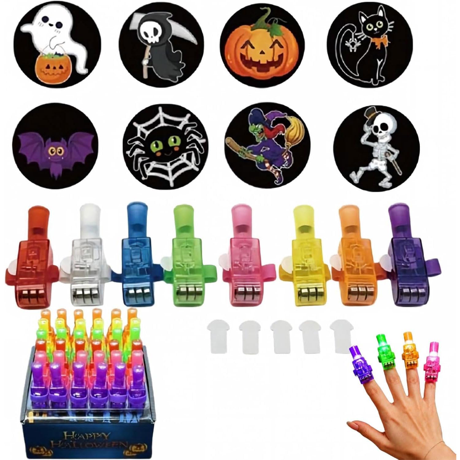 24 PCS Mini Colorful LED Finger Lights, Halloween Finger Projectors Lights, Mini Spooky Pattern Projector for Kids, LED Light Up Fingerlampe with Elastic Band & Slide Switch for Halloween Party，B