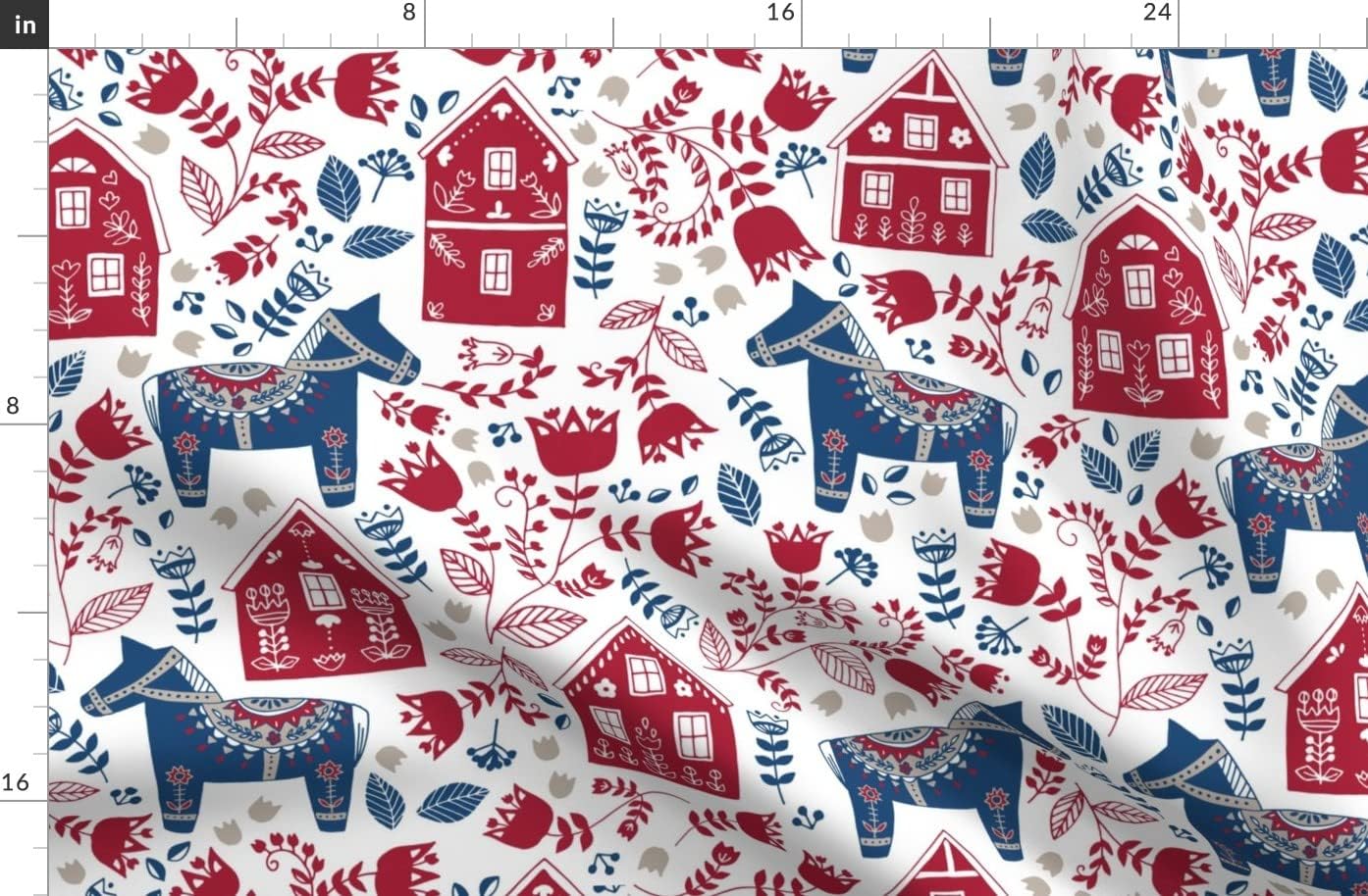 Spoonflower Fabric - Swedish Folk Art Dala Horse Scandinavian Red Blue Printed on Organic Cotton Sateen Fabric by The Yard - Sewing Quilting Apparel Home Decor