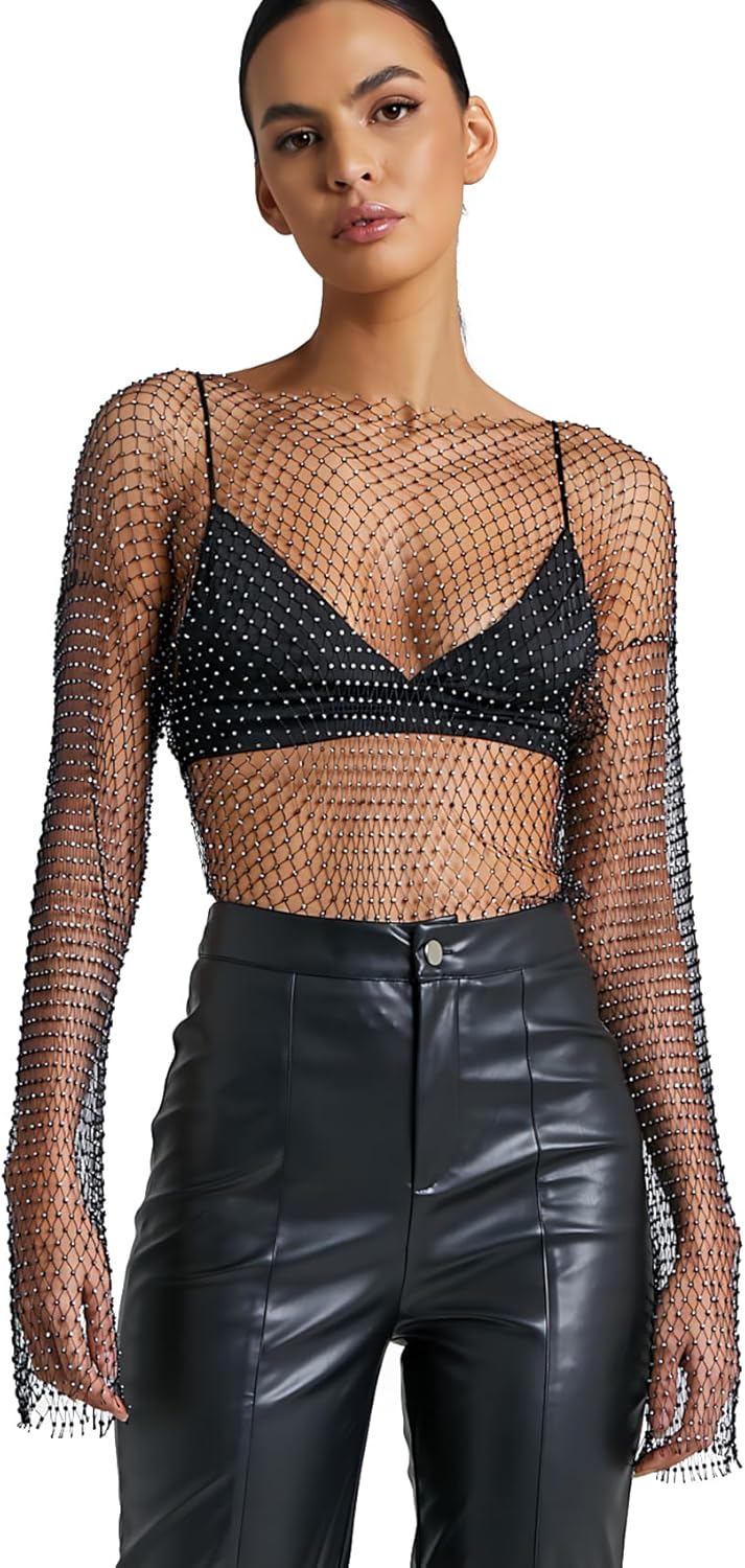 Rhinestone Crystal Crop Top, Long Sleeve Mesh Body Chains, See Through Mesh Diamond Fishnet Shirts Outfits
