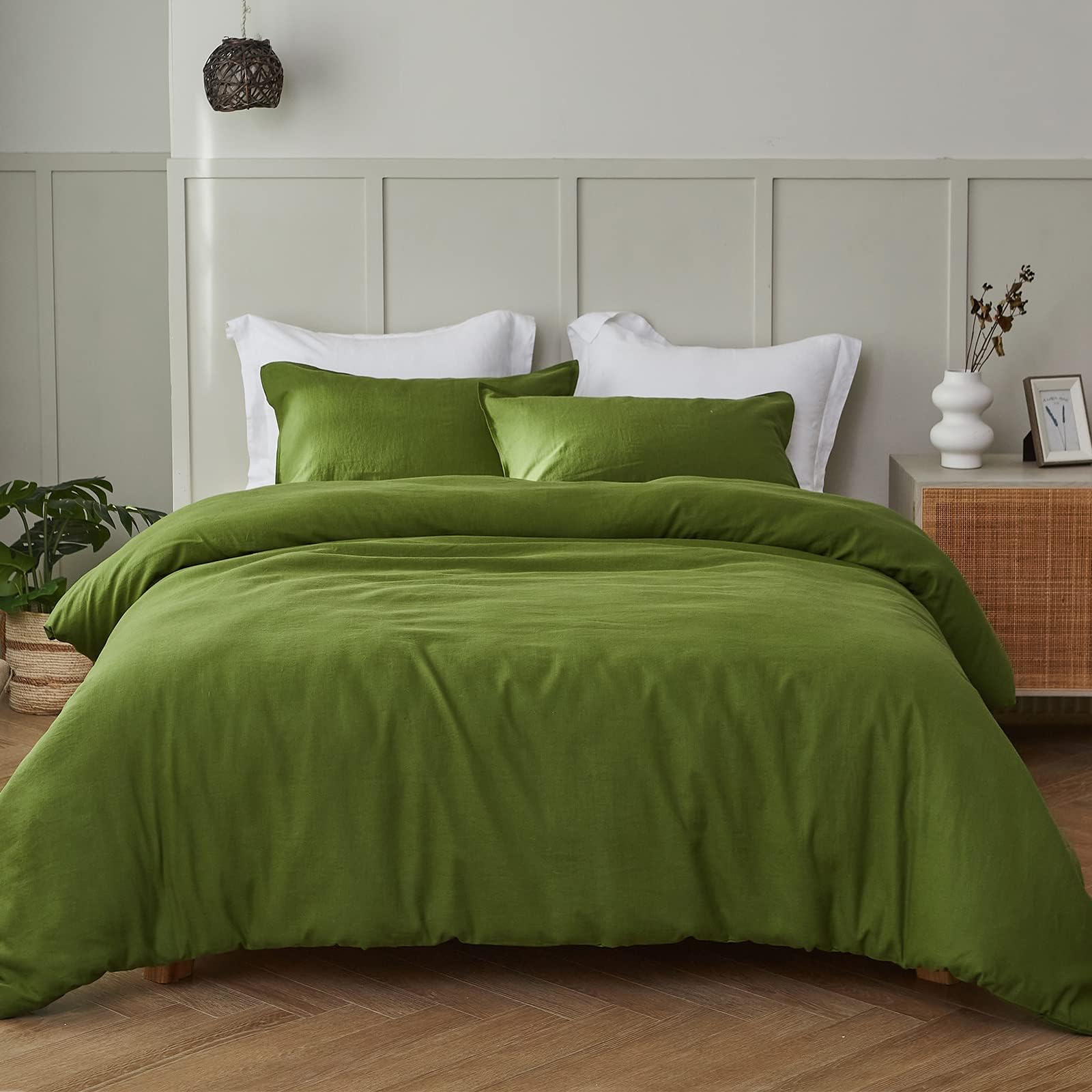 Simple&OpulenceLinen Duvet Cover Super King,Linen Cotton Duvet Cover with Pillowcase,Super King Bedding Set,Soft Warm Breathable Bed Quilt Cover with Button Closure,260x220cm,Forest Green