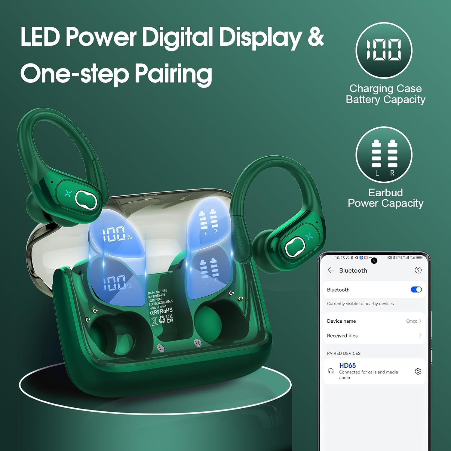 Wireless Earbuds 75hrs Bluetooth 5.4 Headphone Sport, 2026 Bluetooth Earbuds Stereo Deep Bass Over Ear Bud with Earhooks, ENC Noise Cancelling Mic, IPX7 Waterproof Earphone for Gym/Workout, Dark Green - Image 5