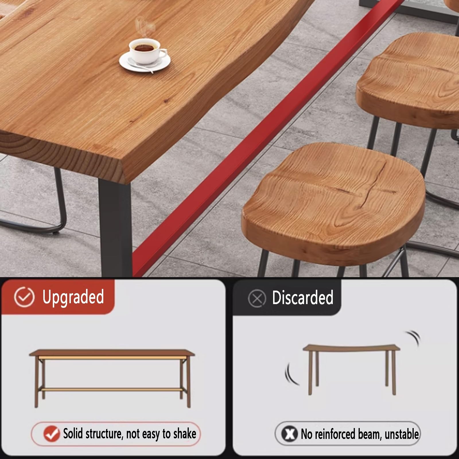 Mesa de comedor industrial de madera maciza Mesa de cocina rectangular bordes irregulares Mesa alta rectangular de madera maciza para bar Mesa alta de mostrador con base de caballete Sin heces(140*35*