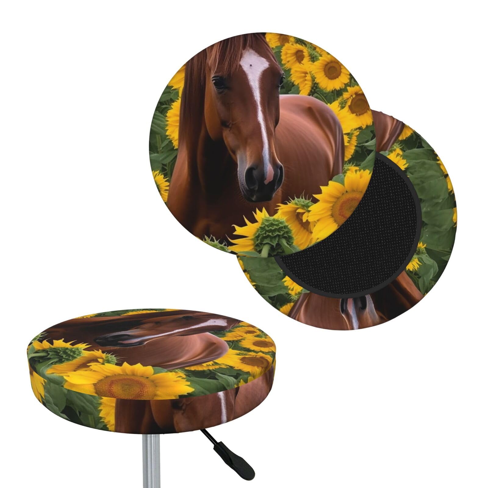 FekiLoot Horse and Sunflower Round Bar Stool Covers Stretch Washable Bar Stool Covers Dustproof Slipcover Bar Chair Covers with Elastic Band for Bar Kitchen Living Room Decor 12 Inch