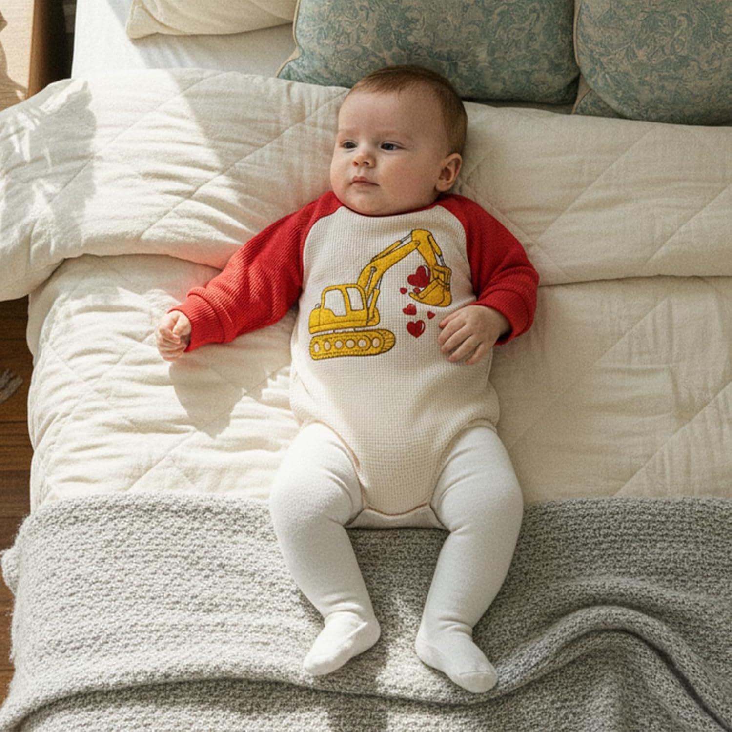 Baby Boy Valentines Outfit Newborn Bubble Romper Excavator Heart Embroidery Long Sleeve Onesie Waffle Bodysuit 0-18M - Image 2