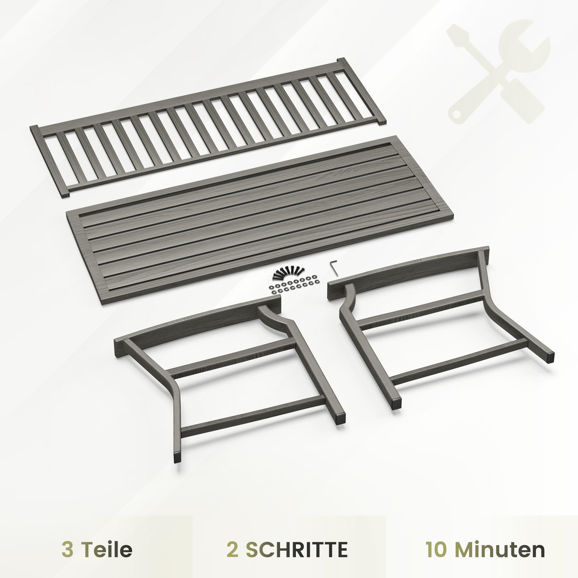 UDPATIO Gartenbank Metall in Holzoptik,Wetterfeste Sitzbank Outdoor,Bank 2–3 Sitzer für Balkon & Garten,Balkonmöbel mit Rücken & Armlehnen(Grau)