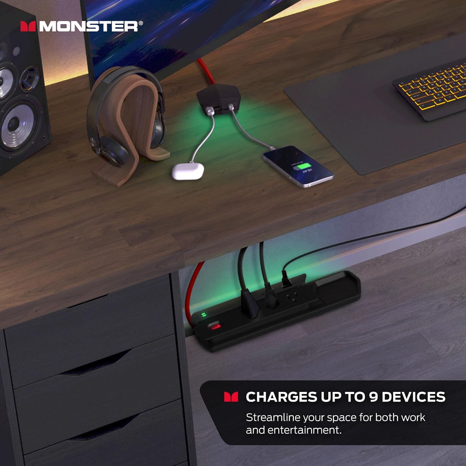 Monster Power Center Vertex Surge Protector with Detachable USB Power Strip, Surge Protector Power Strip - 6 AC Outlets, 2 USB-A Ports &1 USB-C Port