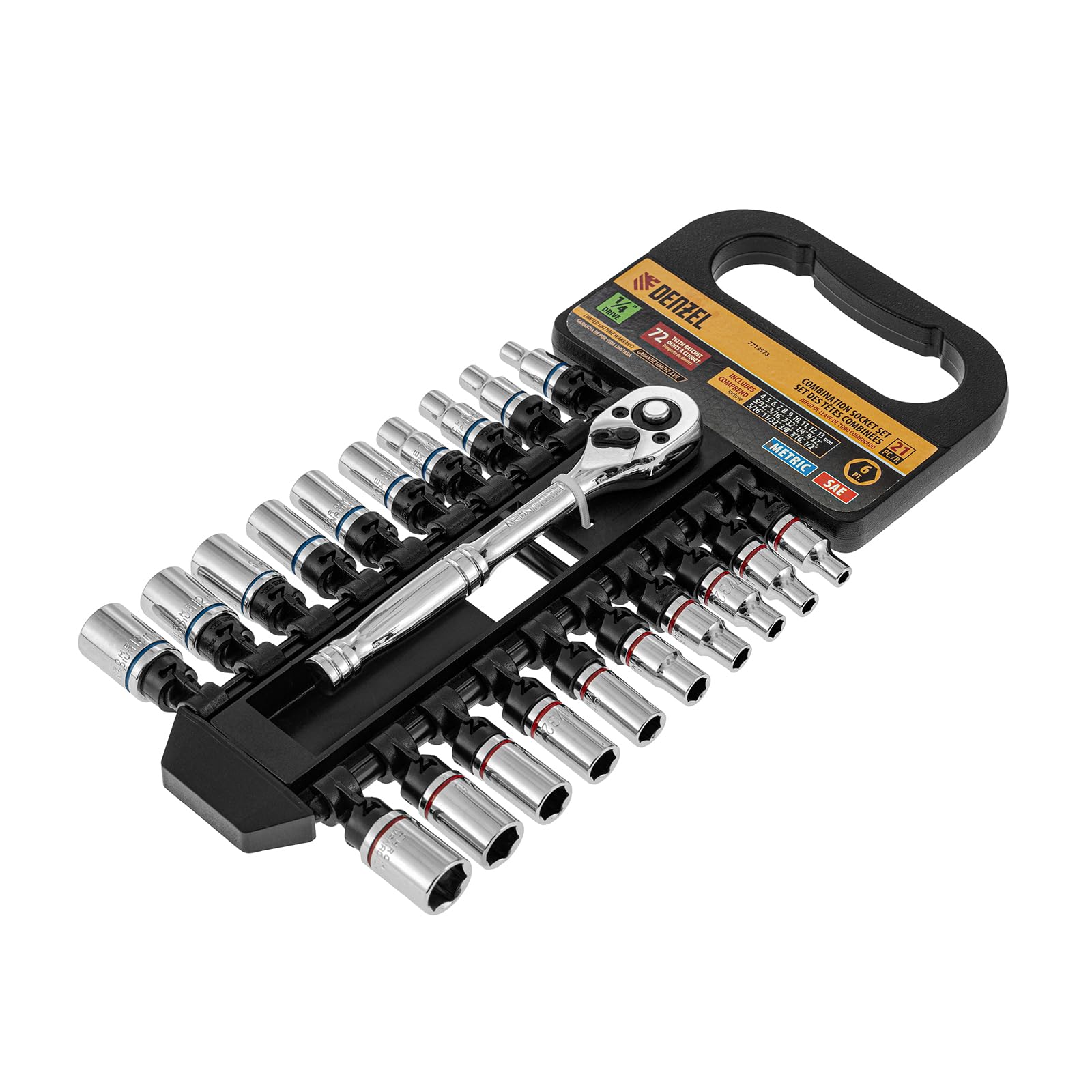 Denzel 1/4-Inch Drive Metric Socket Set, 20-Piece – Hex Sockets for Ratchet Wrench, Chrome Finish