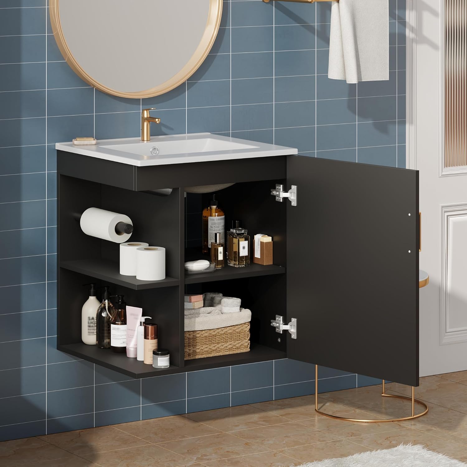 Virubi 20 Inch Wall Mounted Bathroom Vanity with Ceramic Sink, Floating Vanity Cabinet with Open Side Shelves and Built-in Paper Holder, Single Door Storage for Small Bathroom