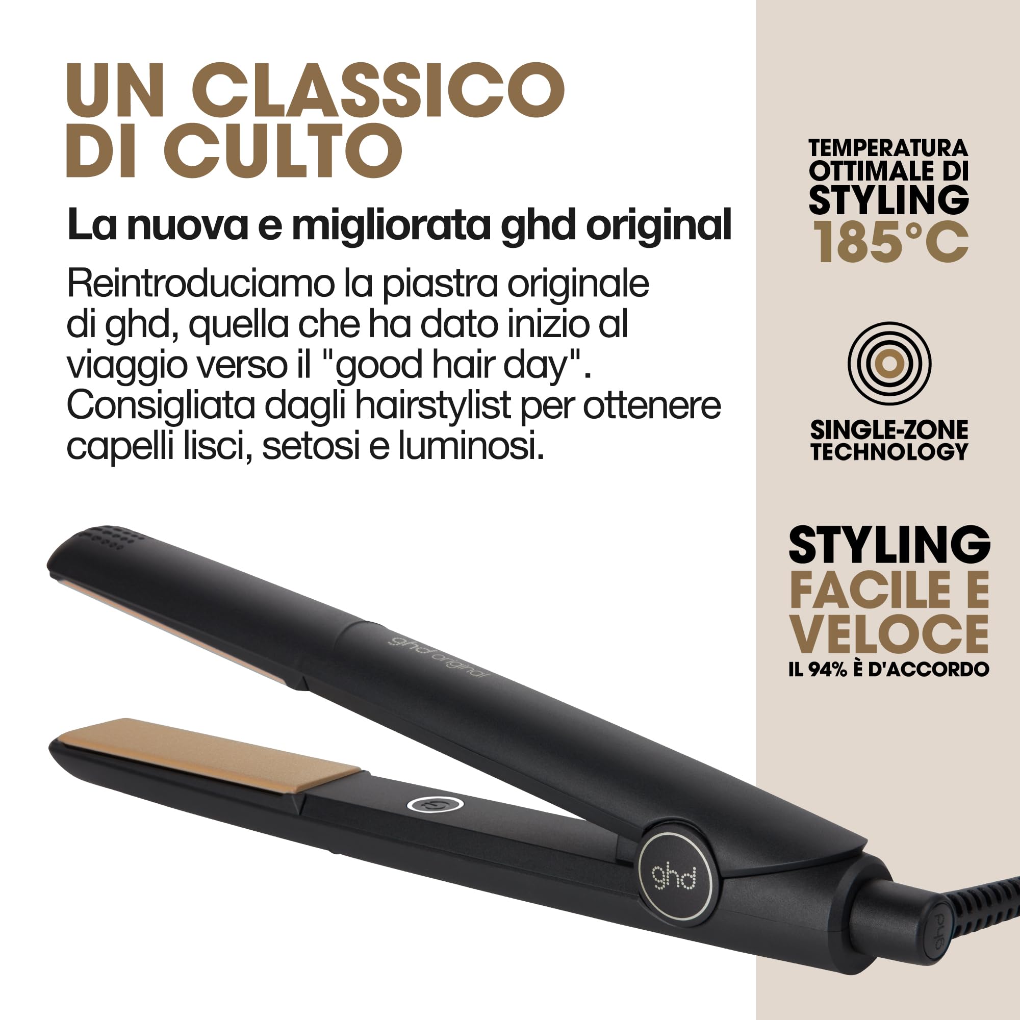 ghd Original Piastra Capelli Professionale Tecnologia Ceramica Single Zone Styling Cavo 2.7 m