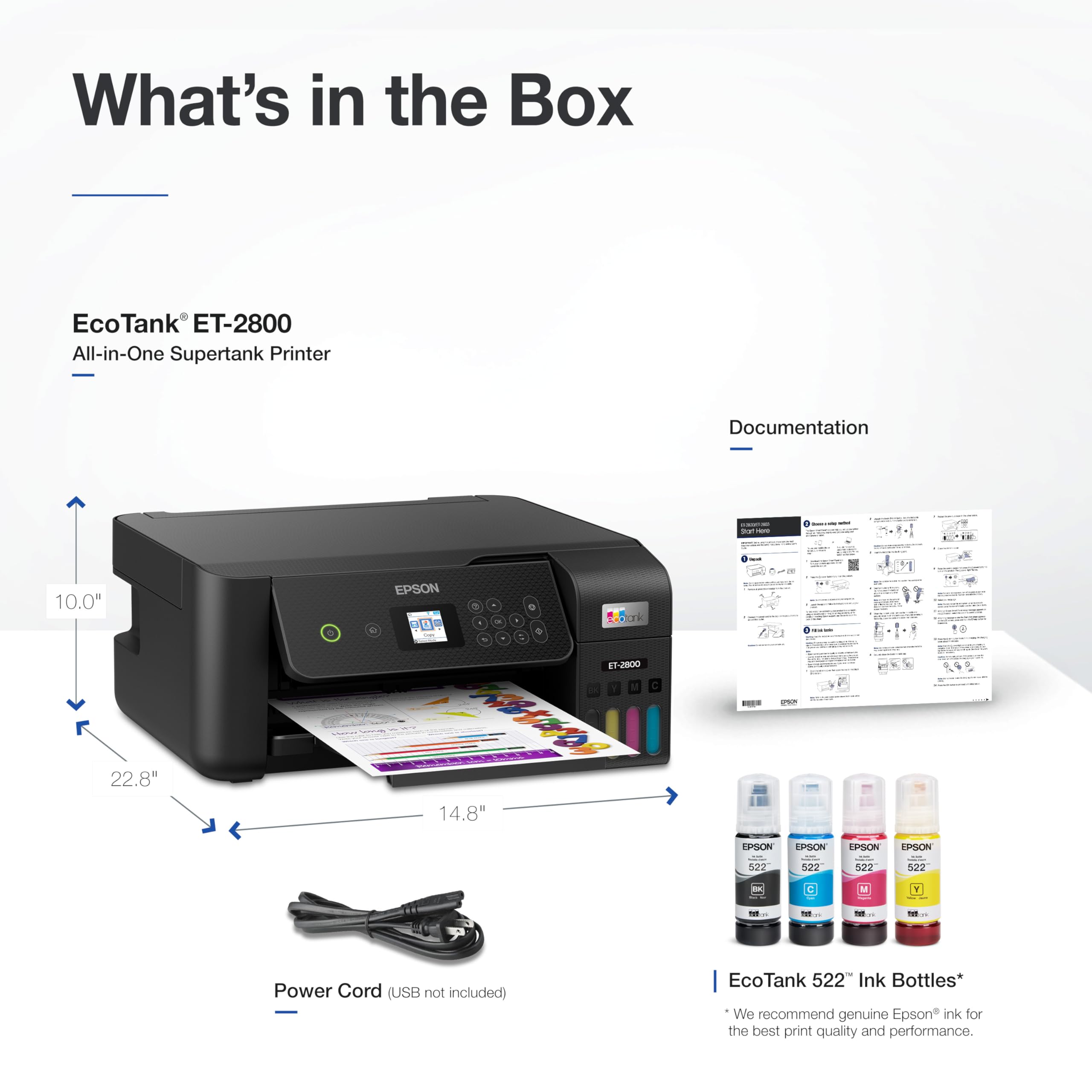 Epson EcoTank ET-2800 Wireless Color All-in-One Cartridge-Free Supertank Printer with Scan and Copy â€“ The Ideal Basic Home Printer - Black, Medium