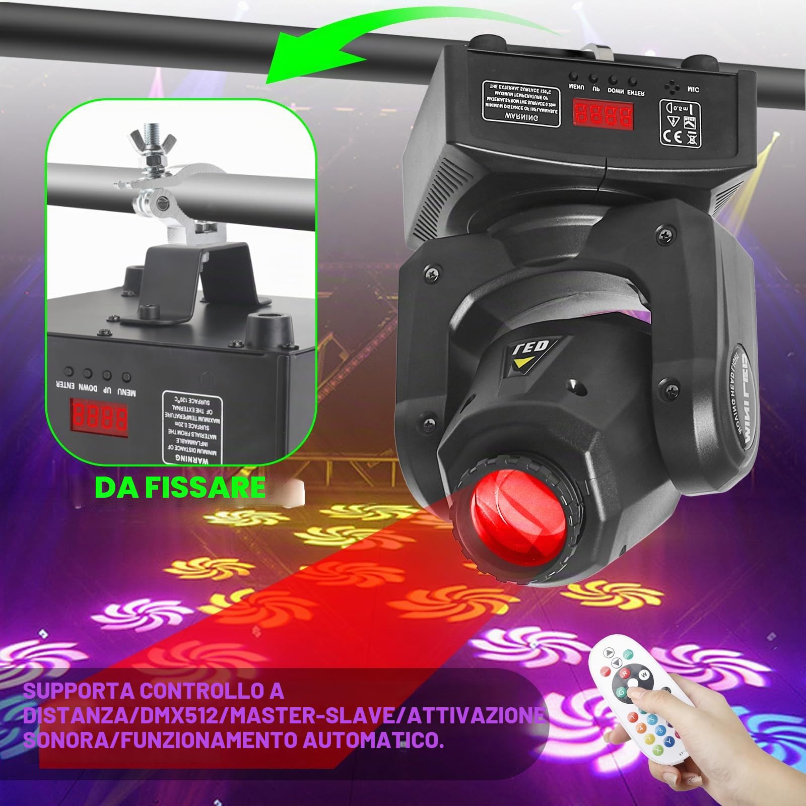 MetRo - Faretto laser Moving Head da palcoscenico DMX512 da 30 W, con telecomando, 8 motivi Gobo, 8 colori, attivazione del suono per DJ, feste e club (confezione da 2)