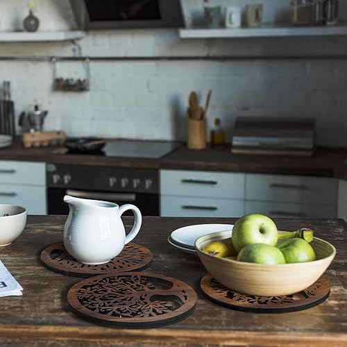 Miniatura 3 de Beeveer 3 piezas de salvamanteles de madera de árbol de la vida, platos redondos, soporte para ollas, resistente al calor, soporte para bandeja