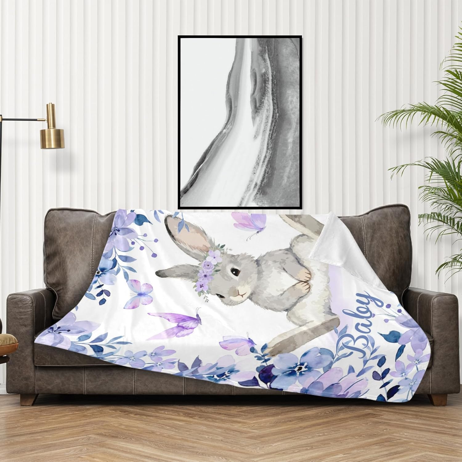 Custom Bunny Rose Baby Blankets for Boys Girls Red Floral Personalized Fleece Throw Blanket with Name, Gifts for Baby Showers Birthdays Newborn New Mom Infants Toddlers