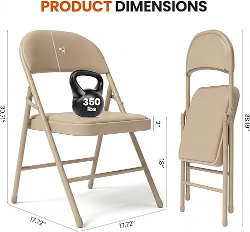 Miniatura 3 de Paquete de 6 sillas plegables color caqui, sillas plegables acolchadas con asiento y respaldo de piel sintética, sillas plegables de metal