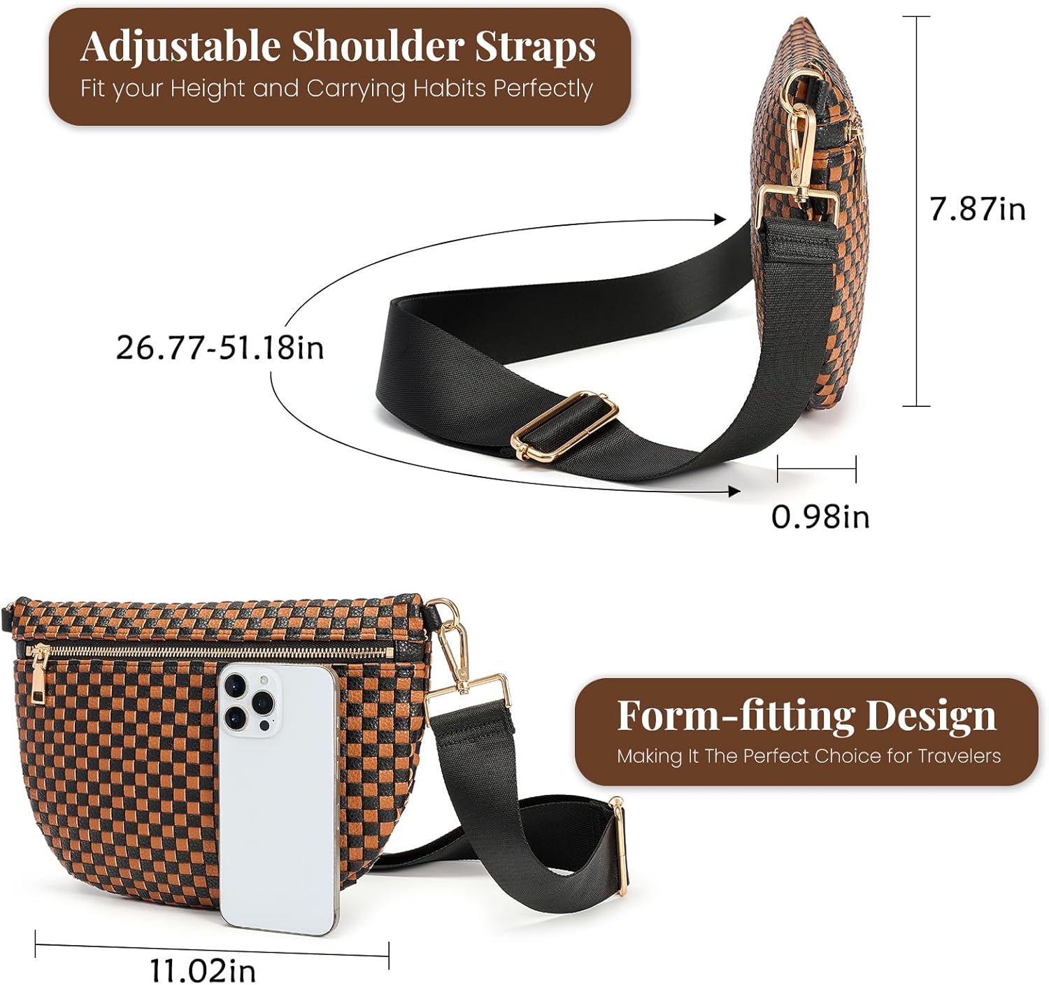 Woven Crossbody Bags For Women, Checkered Fashion PU Bum Bag Waist Pack, Travel Sling Purse with Adjustable Strap(Black and Brown) - Image 7