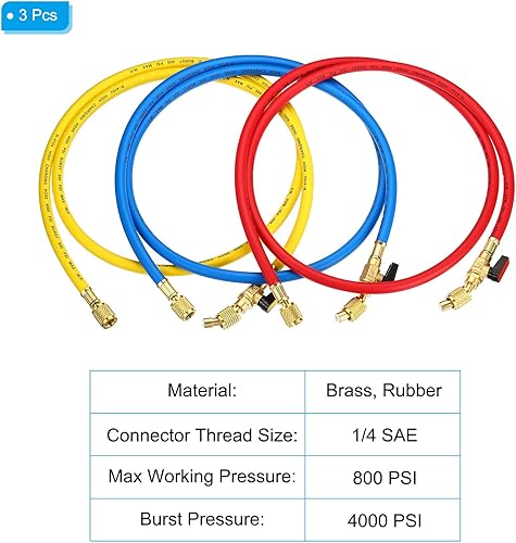 Miniatura 3 de PATIKIL Manguera de carga de refrigerante SAE de 1/4, paquete de 3 mangueras de calibre múltiple de 4.9 pies 800 PSI 4000 PSI con adaptadores de CA