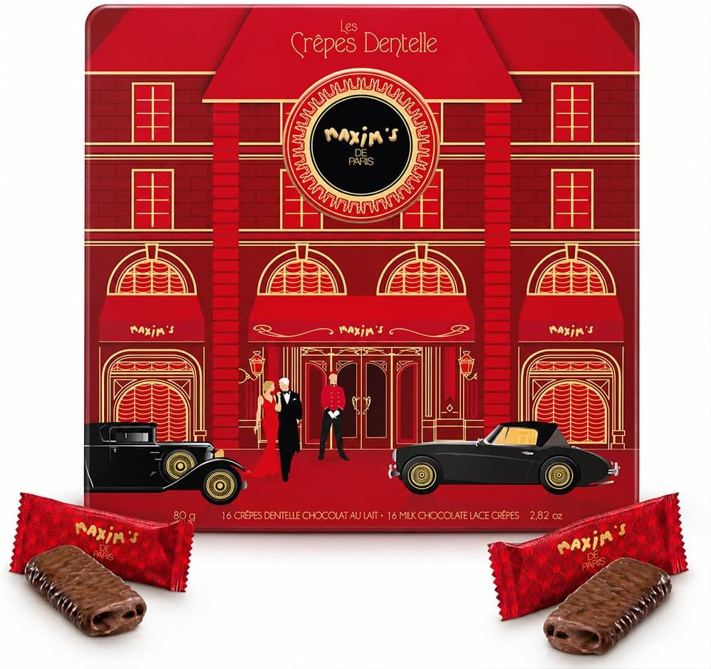 Fines Dentelles - 16 Milk Chocolate Lace Crรชpes in Collectible Art Nouveau Tin | Individually Wrapped French Gourmet Gift