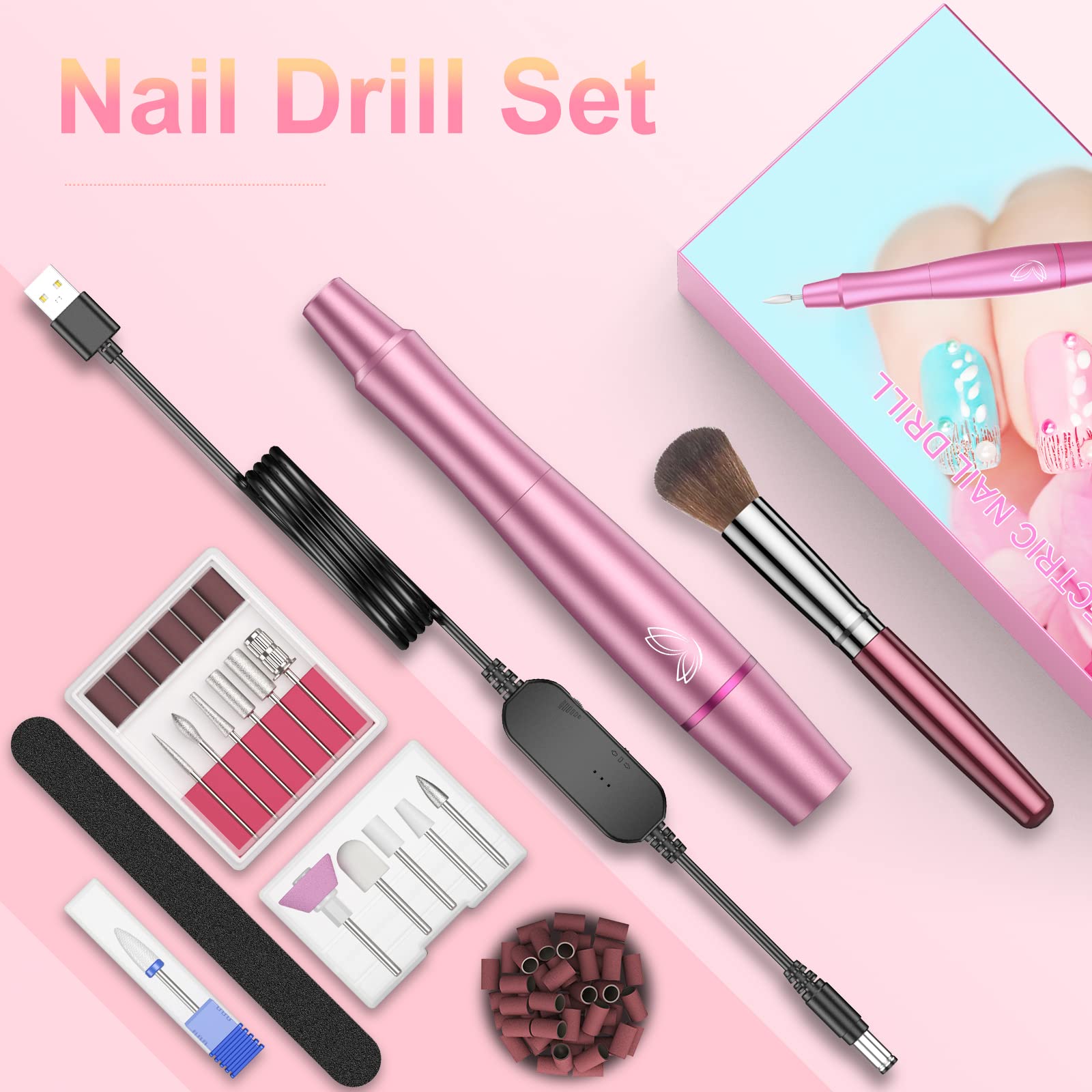 Torno para Uñas Profesional, Lima Electrica Uñas 12 en 1 Kit de Manicura y Pedicura Eléctrico Pulido Salón DIY Hogar, Velocidad Ajustable, Día de la Madre Regalo (rosa)