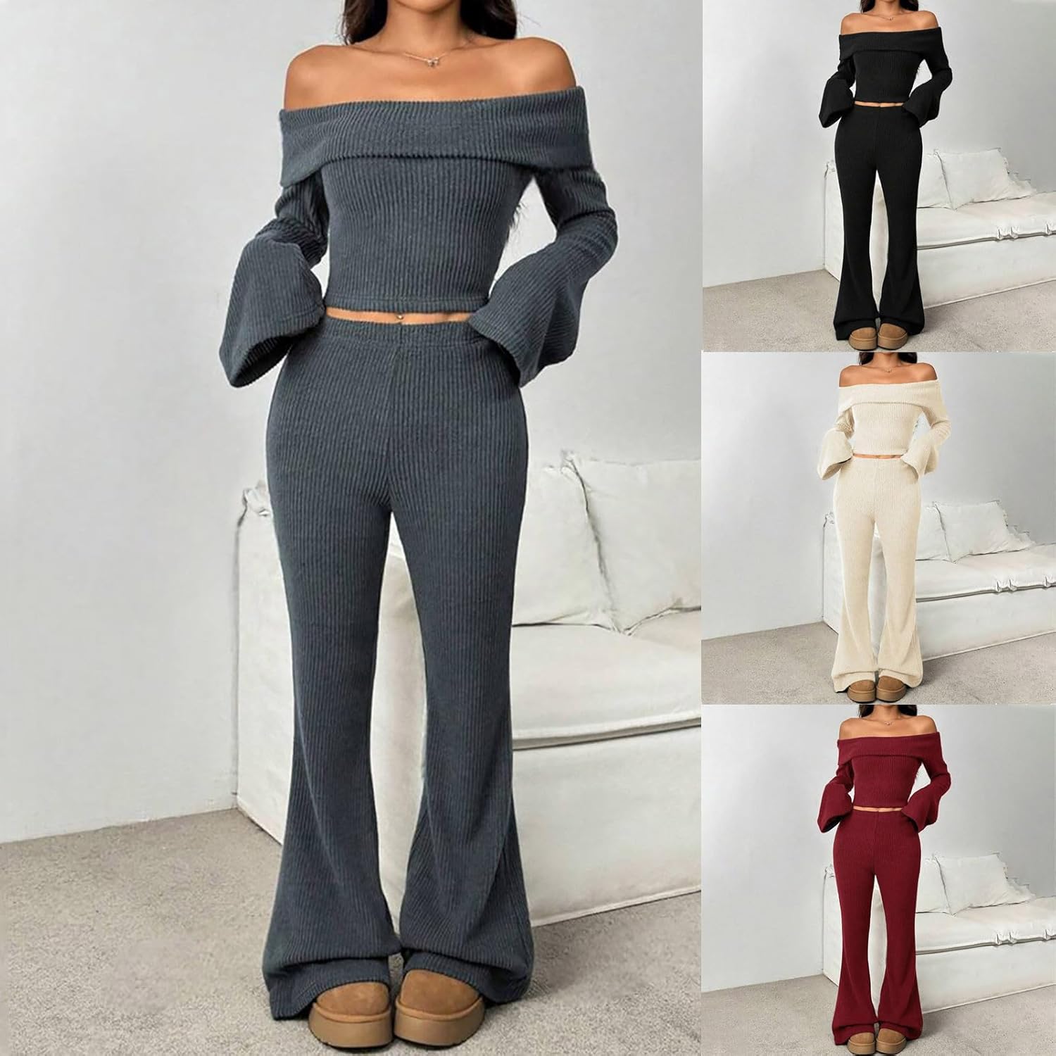HGps8w Women's 2 Piece Outfits, Elegant Off the Shoulder Bell Sleeve Crop Tops and Flare Pants Cozy Soft Loungewear Sets