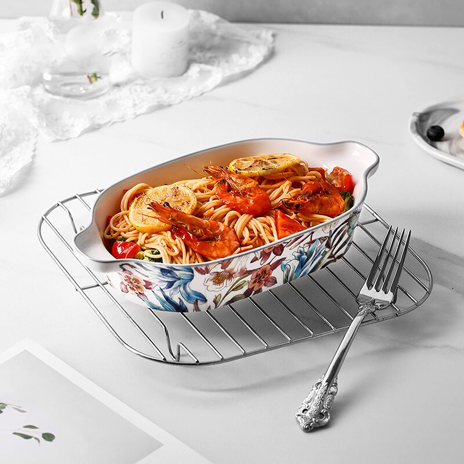 Fuente para Hornear Cerámica Bakeware/Baker Set, Piedra de Porcelana Small Oval Au Gratin Sartenes, Plato para Hornear con Mango Doble para Cocina y hogar, 10.75 Pulgadas Bandejas Horno