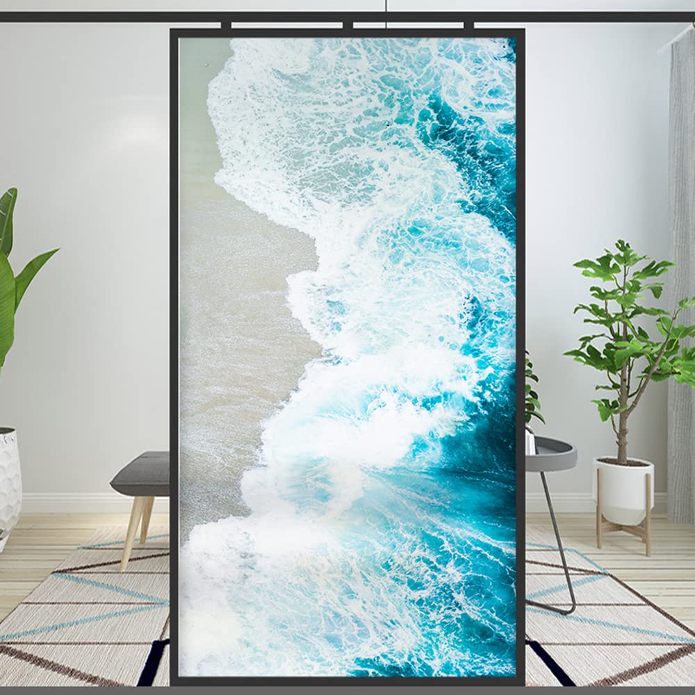 Lumanduo Window Film Privacy Static Cling Blue Wave Decorative Vinyl Non Adhesive Privacy Film Stained Glass Sticker for Bathroom Glass Door Window Tint 19.7