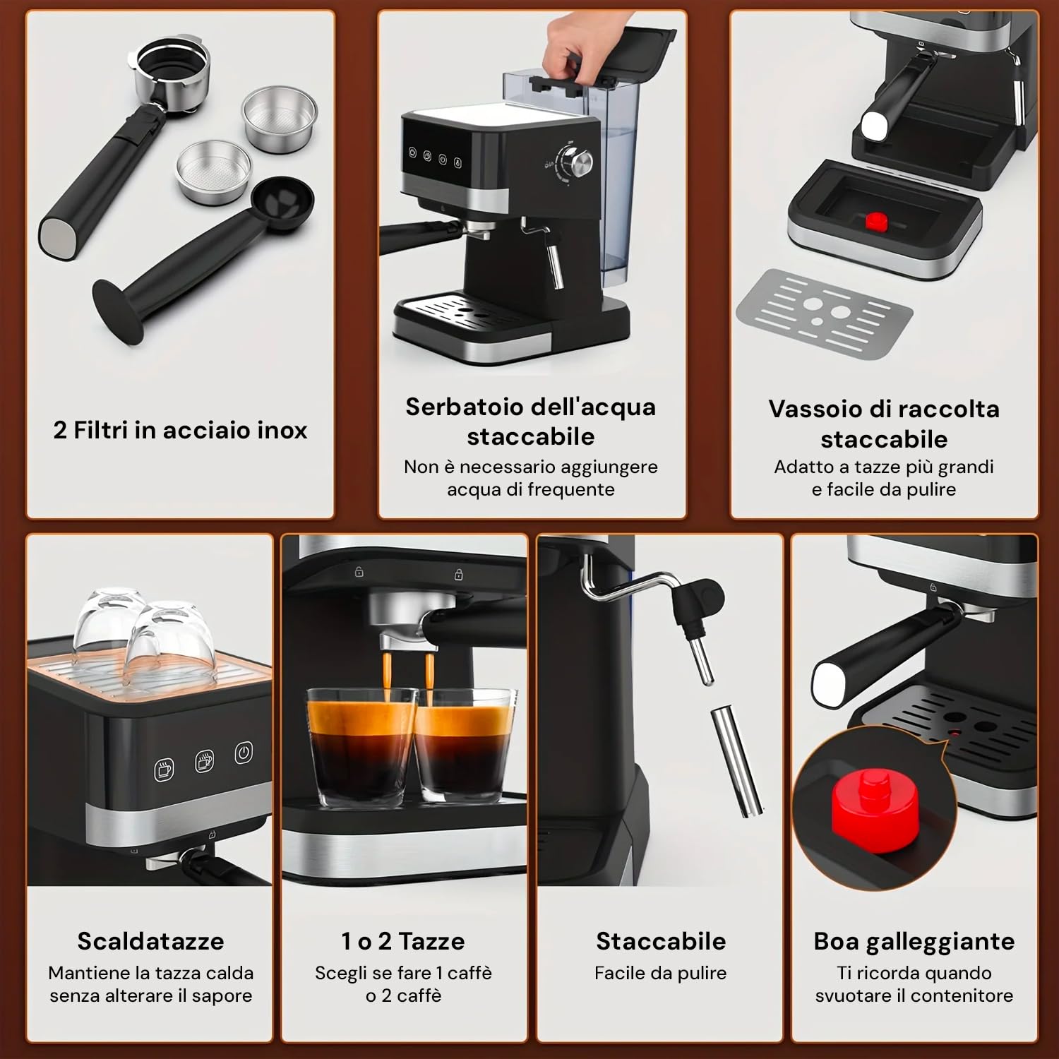 Wintem Macchina del Caffè in Plastica e Acciaio1050W 1,5L in Nero - Doppio Filtro in Metallo - Funzione Montalatte Innovativa - Ugello Vapore Staccabile Pratico e Facile da Pulire