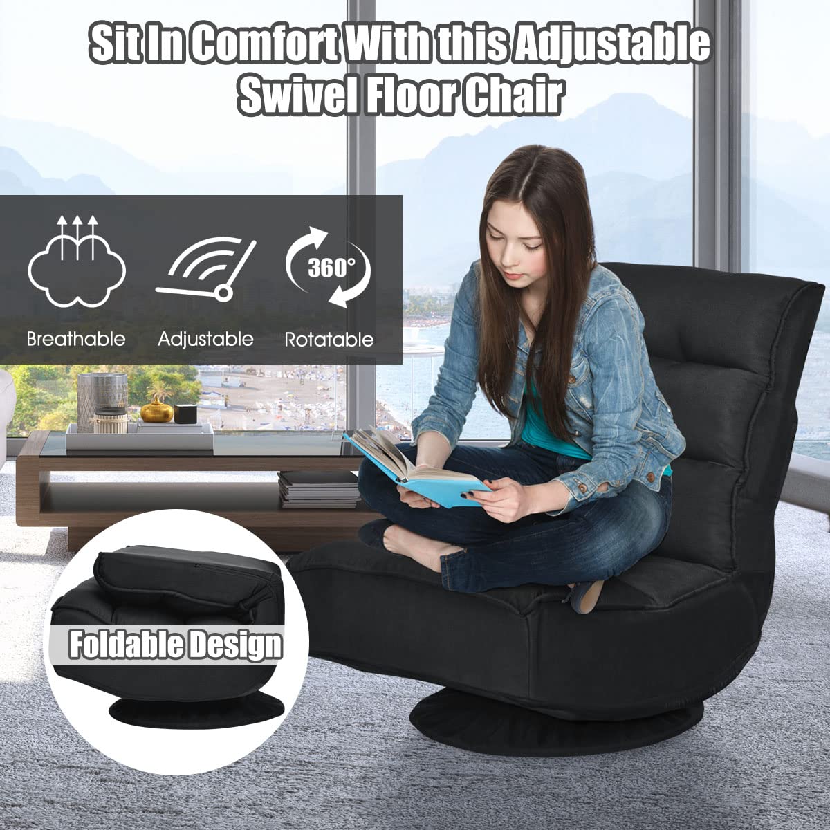 LIFEZEAL Silla de Suelo giratoria 360°, Silla de sofá Ajustable de 5 Posiciones, Plegable con Respaldo Ajustable, sin Reposabrazos, soporta hasta 151 kg (Negro)