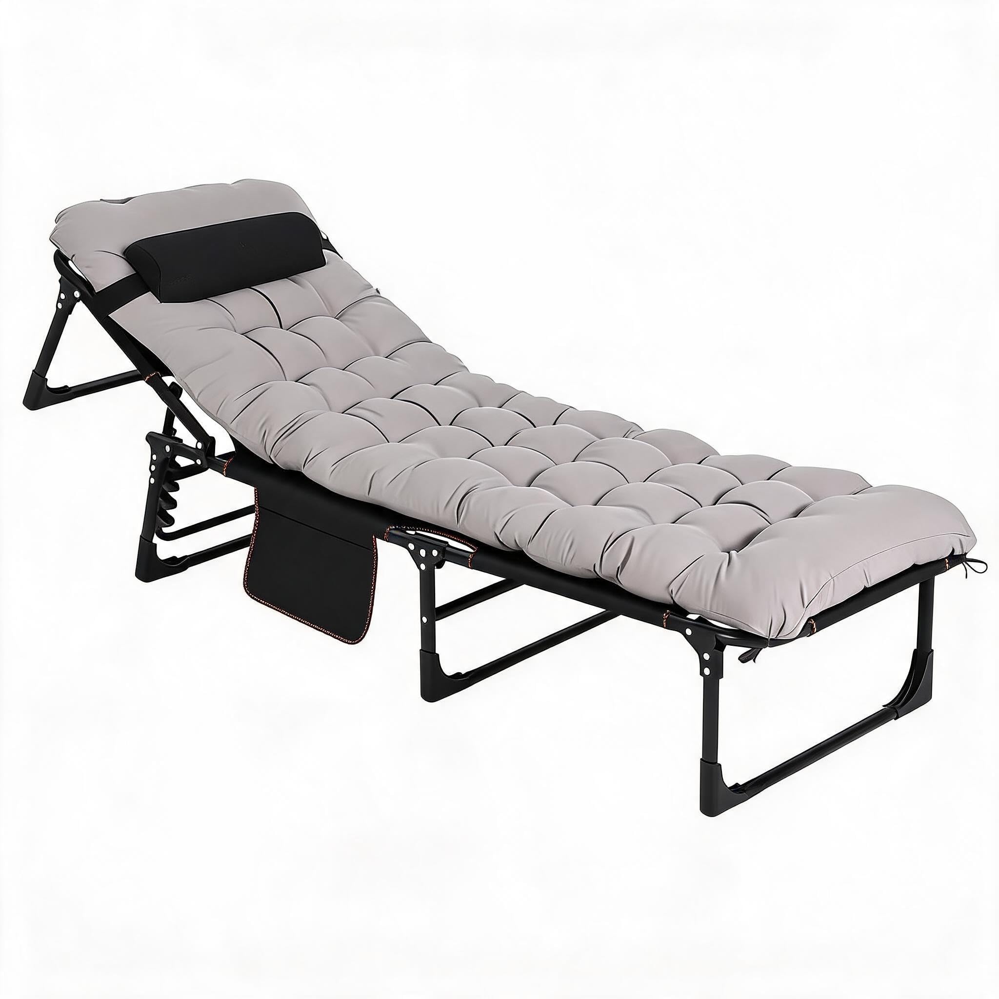 Garvee Heavy Duty Lounge Chair Bed Set with Thick Removable Mattress – Folding Camping Cot for Adults – 400lbs Support – Portable for Home, Office, Guest, Travel, Outdoor – Gray, 190CM