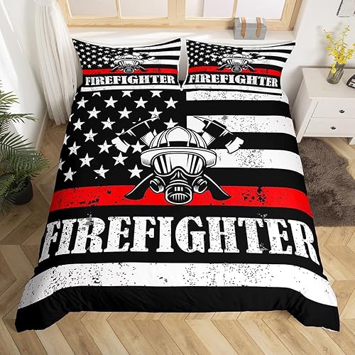 Manfei Juego de funda de edredón de bandera estadounidense para niños, tamaño matrimonial, funda de edredón de bomberos con 2 fundas de almohada,