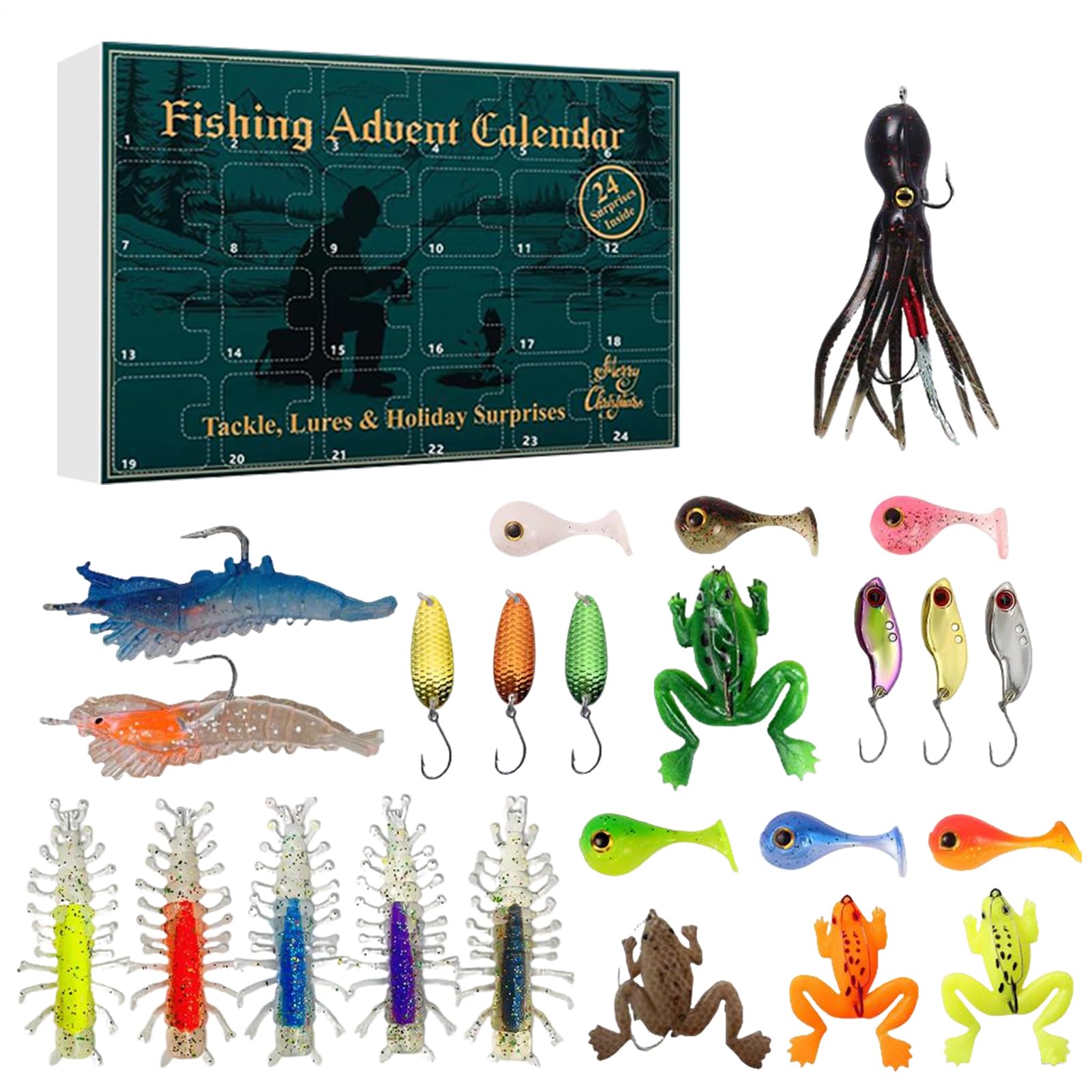 Calendario De Adviento Para Pesca 2025 | 24 Días De Equipo De Pesca De 2025 Para Fiestas - Calendario De Cuenta Regresiva Kit De Cebo Para Pescado De Navidad | Para Agua Dulce Y Salada Río Trucha Bar