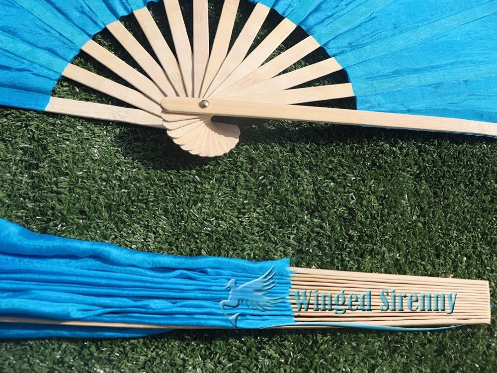 Winged Sirenny Chinese Folk Dance Silk Folding Flutter Fan, Hand Painted 8" Silk Decoration Hand Fan, Set of 2 (Turquoise-Blue)