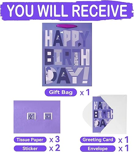 Miniatura 3 de Juego de bolsas de regalo moradas grandes de 13 pulgadas con tarjeta de felicitación y papel de seda lavanda (feliz cumpleaños de dibujos animados)