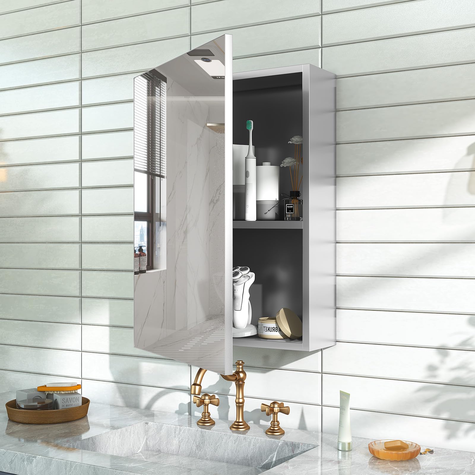 Medicine Cabinet Mirror with Storage - 26x20 Inch Pre-Assembled Medicine Cabinets Mirror for Bathroom, Surface/Recessed Wall Mounted Farmhouse Large Medicine Cabinet, Sliver